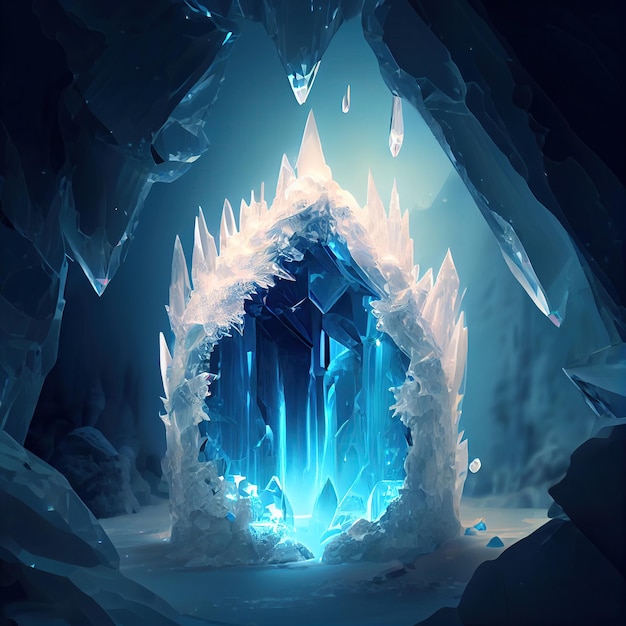 Ice cave with bluewhite crystals in the form of a castle with crystals