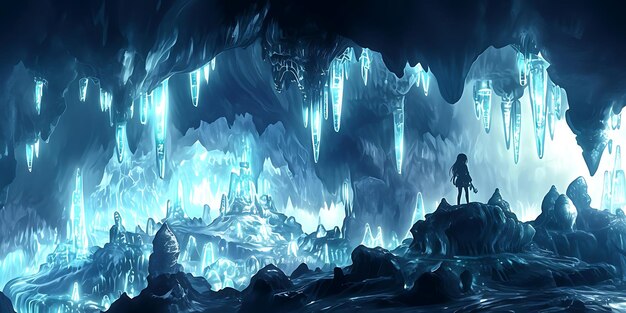 Photo ice cave with glowing crystals and a girl digital illustration