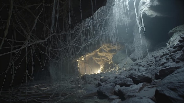 Ice cave with stalactites and stalagmites in the mountains Generative AI