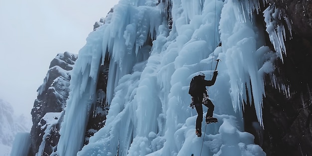 Photo ice climber skillfully ascending a frozen waterfall