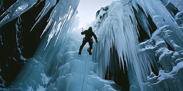 Photo ice climber skillfully ascending a frozen waterfall