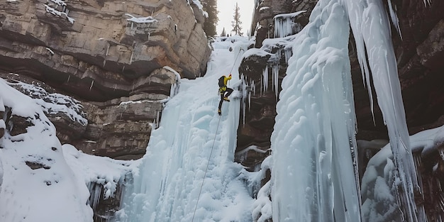 Photo ice climber skillfully ascending a frozen waterfall