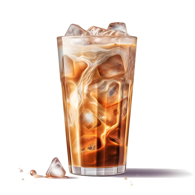 Ice coffee in glass with cream poured over and coffee beans Cold summer drink on a white background