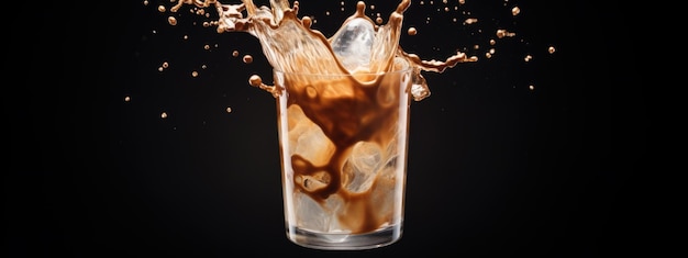 Ice coffee is poured into a clear tall glass with a splash on a black background Created with Generative AI technology