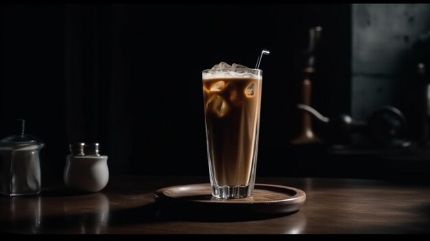 Ice coffee in a tall glass with cream poured over ice cubes and beans Generative AI