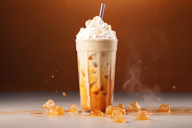 Ice coffee with caramel sauce and vanilla ice cream AI generated