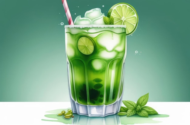 ice cold Japanese green matcha tea in glass with lime slice and straw watercolor illustration