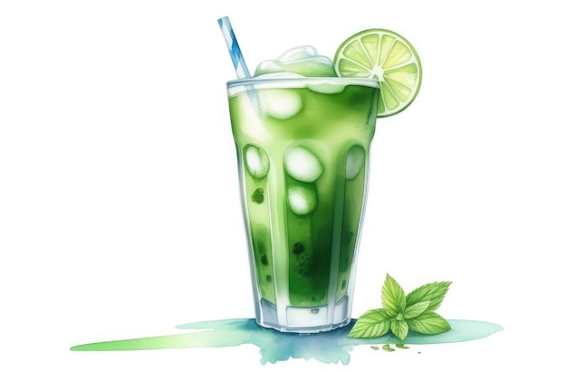 ice cold Japanese green matcha tea in glass with straw and lime slice watercolor illustration