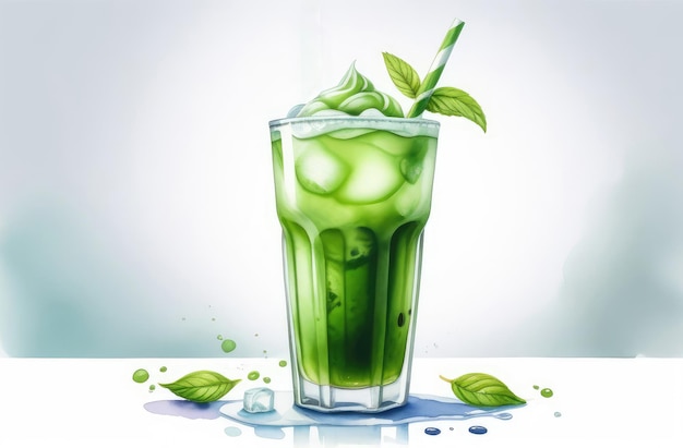 ice cold traditional Japanese green matcha tea in glass with straw watercolor illustration