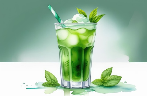 ice cold traditional Japanese green matcha tea in glass with straw watercolor illustration