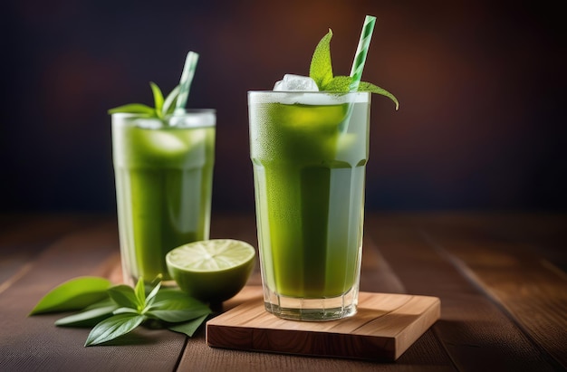 ice cold traditional Japanese green matcha tea in glass with straw on wooden table dark background