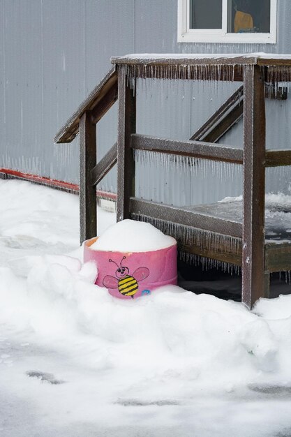 Photo ice covered doorsteps of portable building with pink flowerbed on side