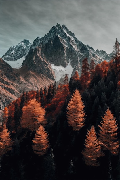 Ice covered mountains beside the forest