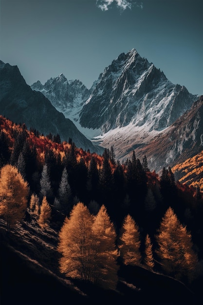 Ice covered mountains beside the forest