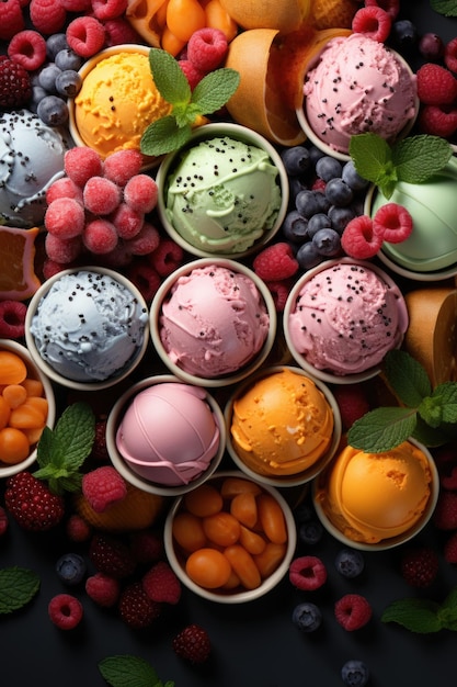 Photo ice cream balls in bowls waffle cones berries orange mango pistachio in the generative ia