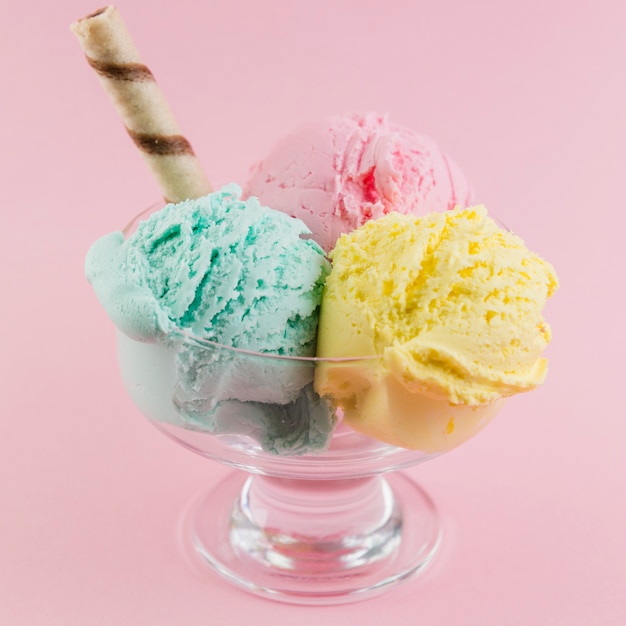 Ice cream balls and walnut rolls in glass bowl