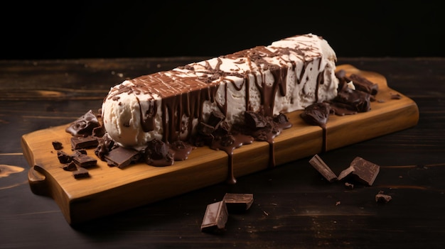 Ice cream bar covered with chocolate on wooden board