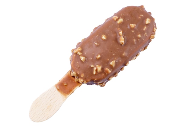 Ice cream bar on wooden stick with nuts in dark or milk chocolate coating isolated on white