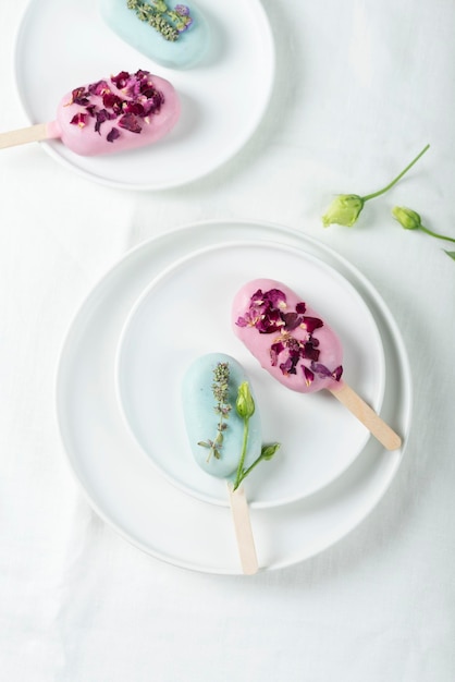 Ice cream bars with pink and green topping