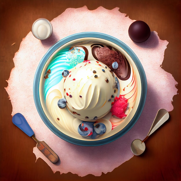 Ice cream in bowl on aesthetic table top view