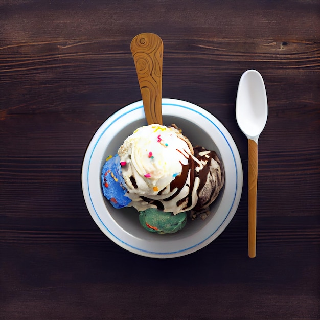 Ice cream in bowl on aesthetic table top view