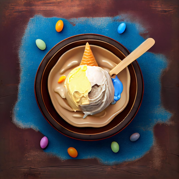 Ice cream in bowl on aesthetic table top view