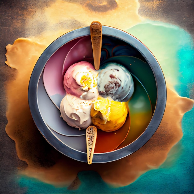 Ice cream in bowl on aesthetic table top view