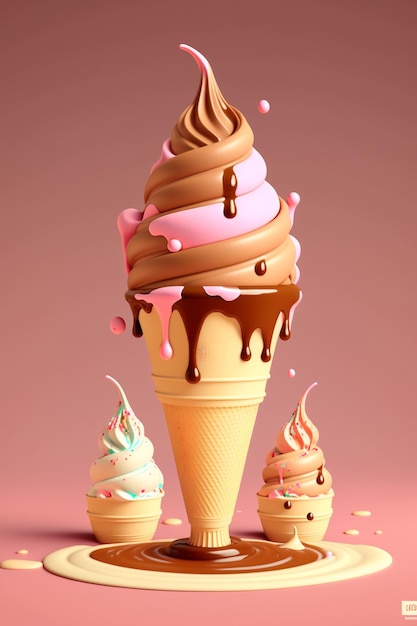 Ice cream caramel and caramel ice cream cones on top of a pink surface