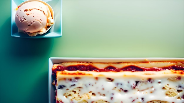 An ice cream cheese cake is on a green background and lasagna