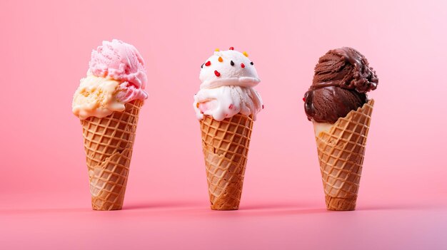 Ice Cream Chocolate vanilla and strawberry Ice cream in the cone on pink background Generative Ai