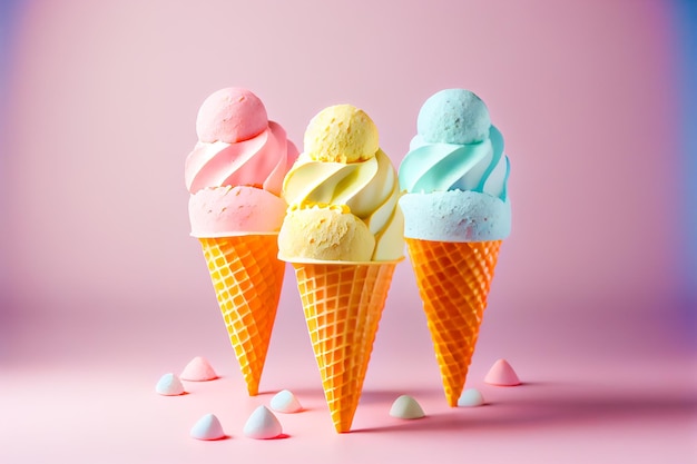 Ice cream in a cone 3d drawing on a pink background Generative AI