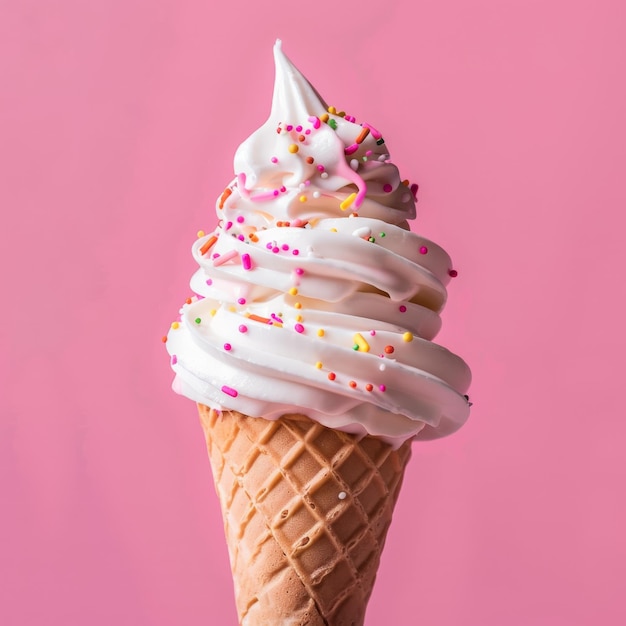 An ice cream cone adorned with colorful sprinkles on a lively pink background