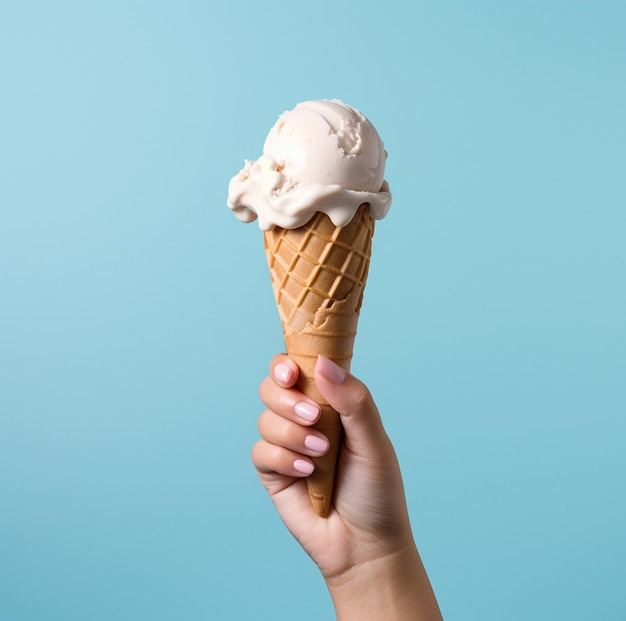 Ice cream cone on a blue background The woman holding the ice cream by hand