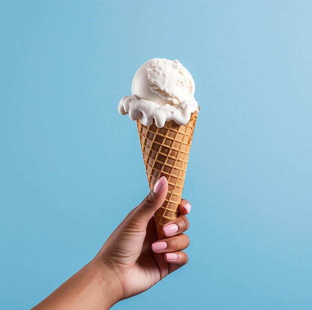 Ice cream cone on a blue background The woman holding the ice cream by hand