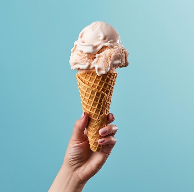 Ice cream cone on a blue background The woman holding the ice cream by hand