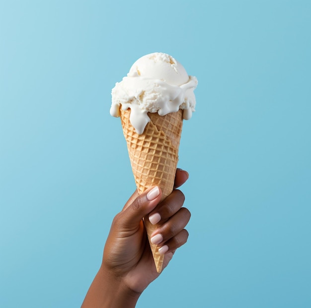 Ice cream cone on a blue background The woman holding the ice cream by hand