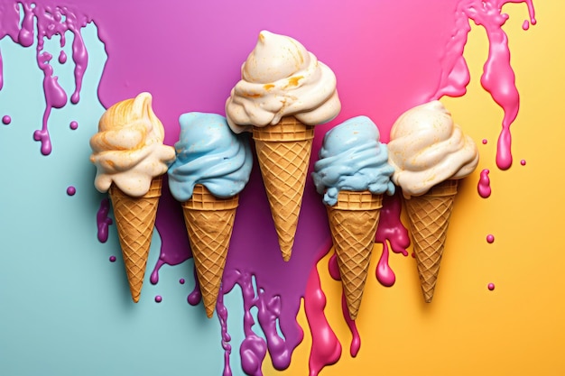 Ice cream cone on colored background minimal style Generative AI