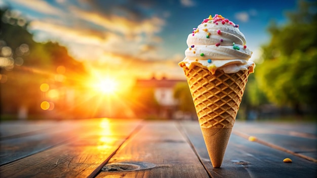 an ice cream cone in front of a sunset background