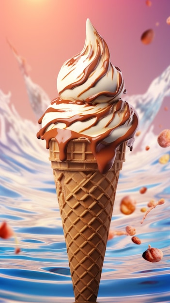 Ice cream cone hangs in the air decorated with melted chocolate Generative AI