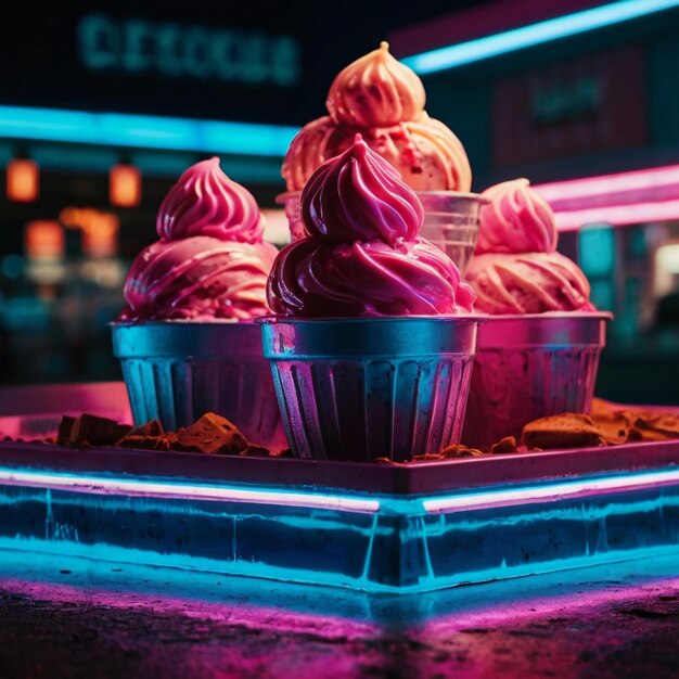 Photo ice cream in a cone neon glows