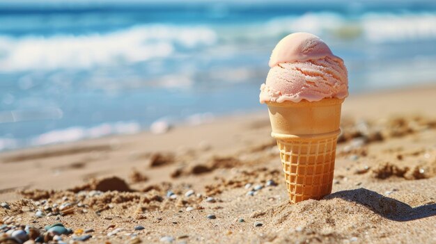 Ice cream cone on sandy beach with ocean waves in background