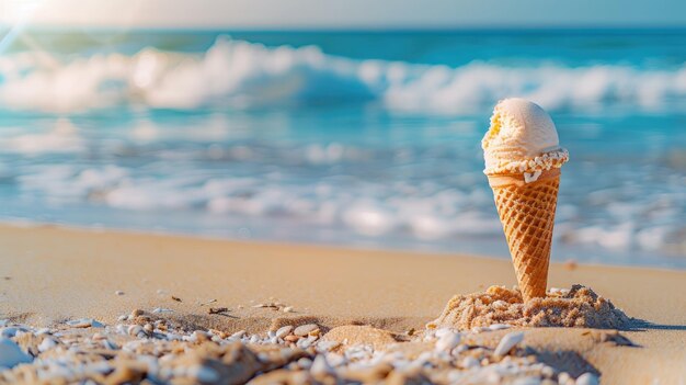 Ice cream cone on sandy beach with ocean waves in background