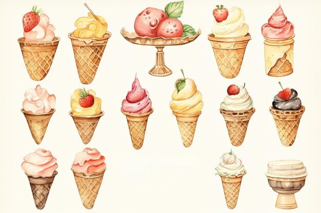 Photo ice cream cone set with strawberry raspberry blueberry pink and white color generative ai