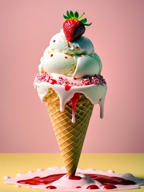 Ice cream cone wafer isolated set with vanilla chocolate and strawberry