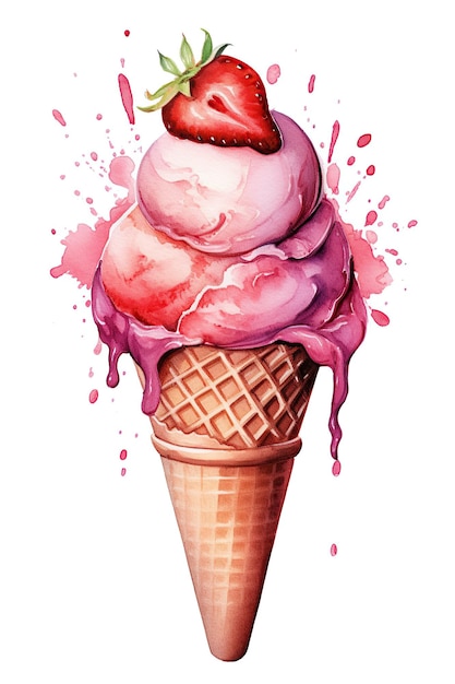 Ice cream cone watercolor clipart cute isolated on white background with Generative AI