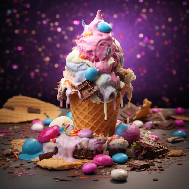 a ice cream cone with candy on top