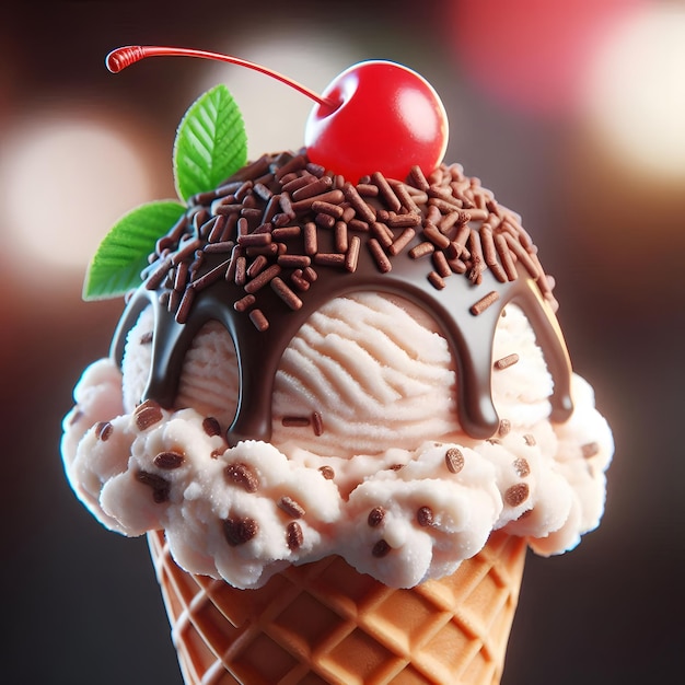 a ice cream cone with a cherry on top