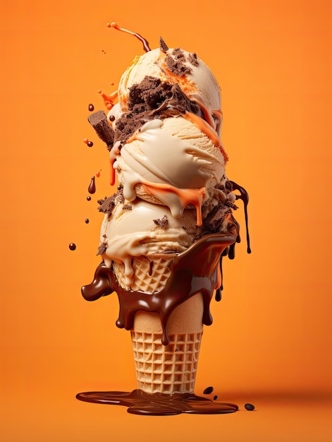 a ice cream cone with chocolate and caramel