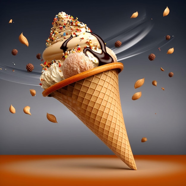 An ice cream cone with chocolate and nuts is flying in the air.