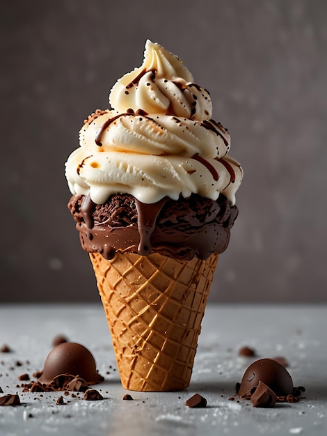 a ice cream cone with chocolate sauce and chocolate chocolate chips on top